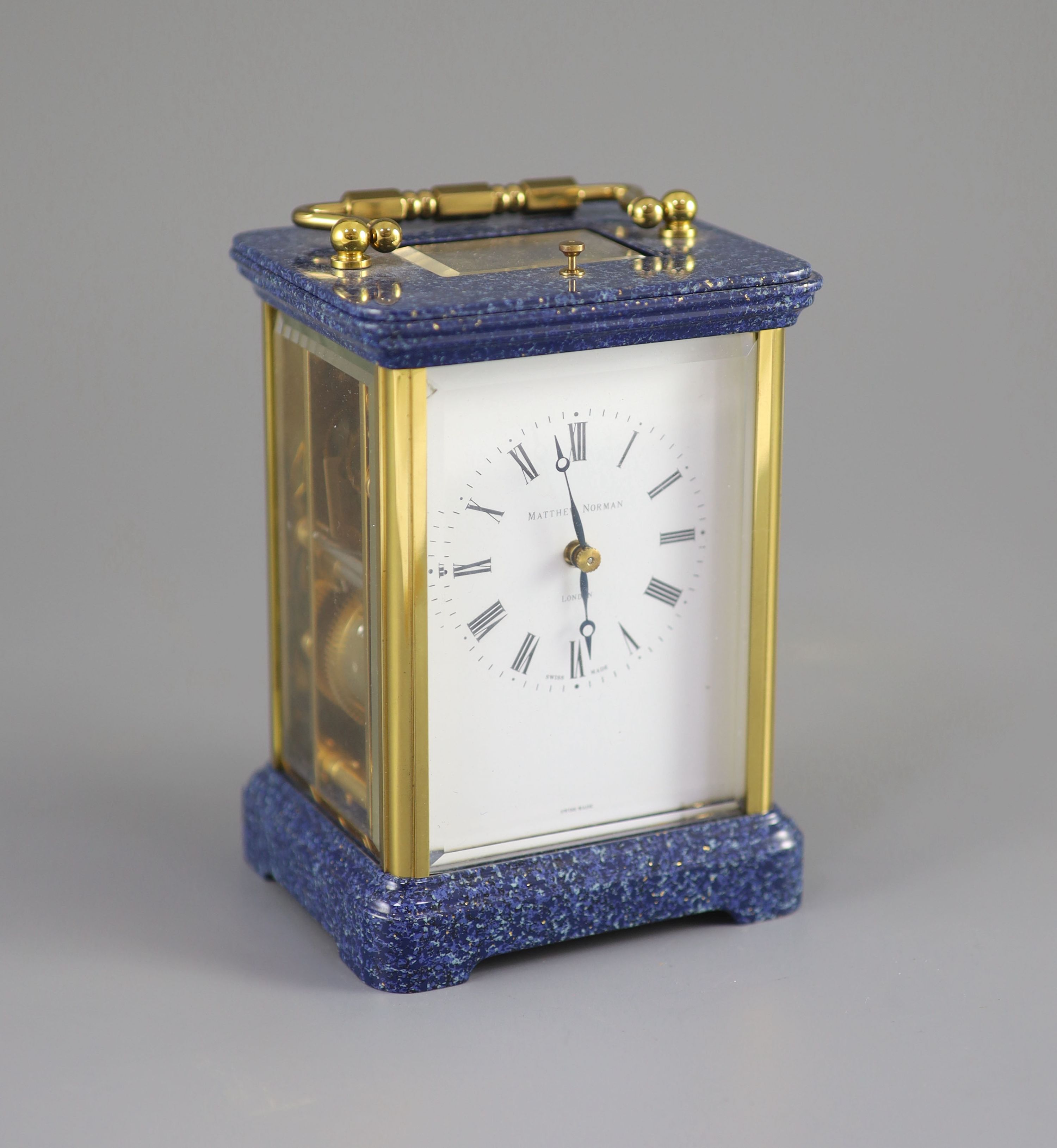 A 20th Century Swiss-made brass carriage clock, Matthew Norman, London, 13.5cm high